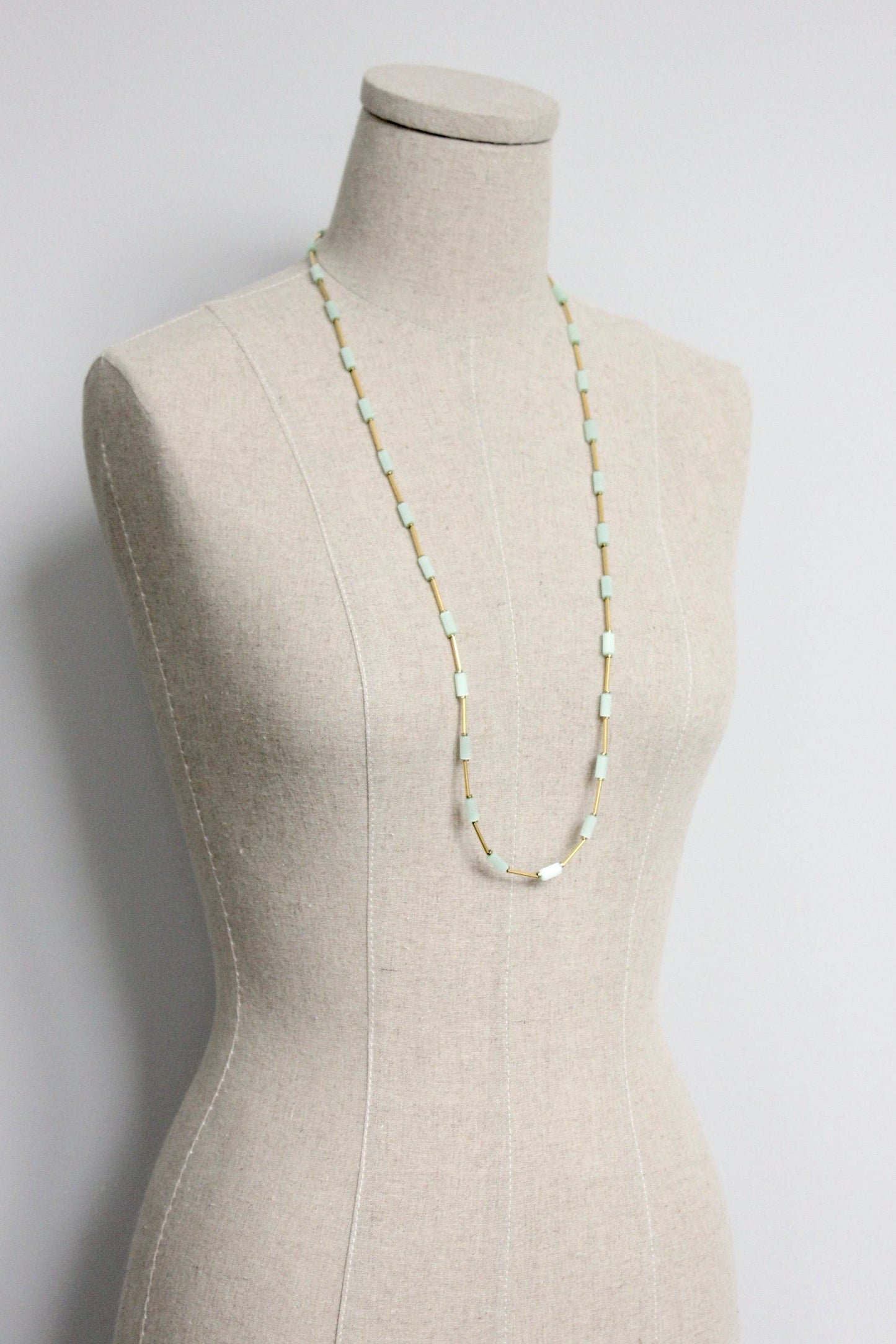 Mint Green and Brass Long Beaded Necklace